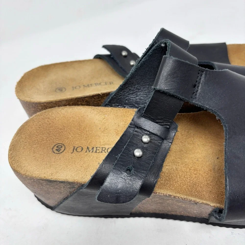 Jo Mercer Sandals Size Eu 40/US 9 Black Leather Adjustable Strap Wedge‎ Womens - Picture 4 of 9